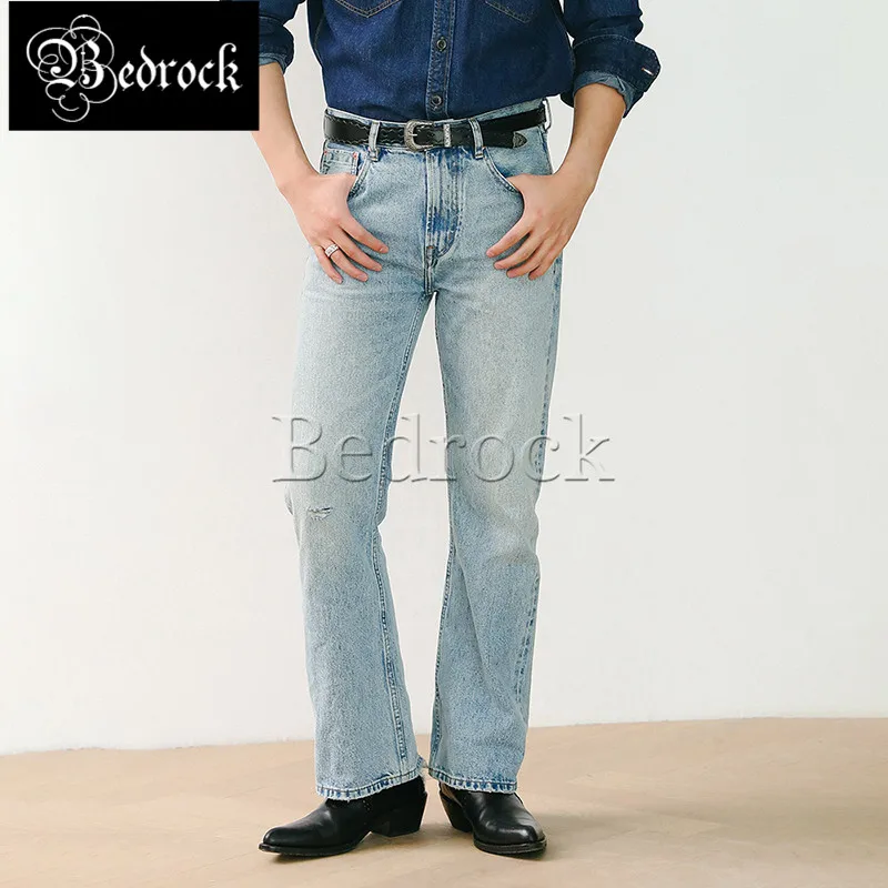 MBBCAR 80's disco culture modern retro flared pants 15oz Bell-Bottoms light blue one washed selvedge denim jeans for men 7436