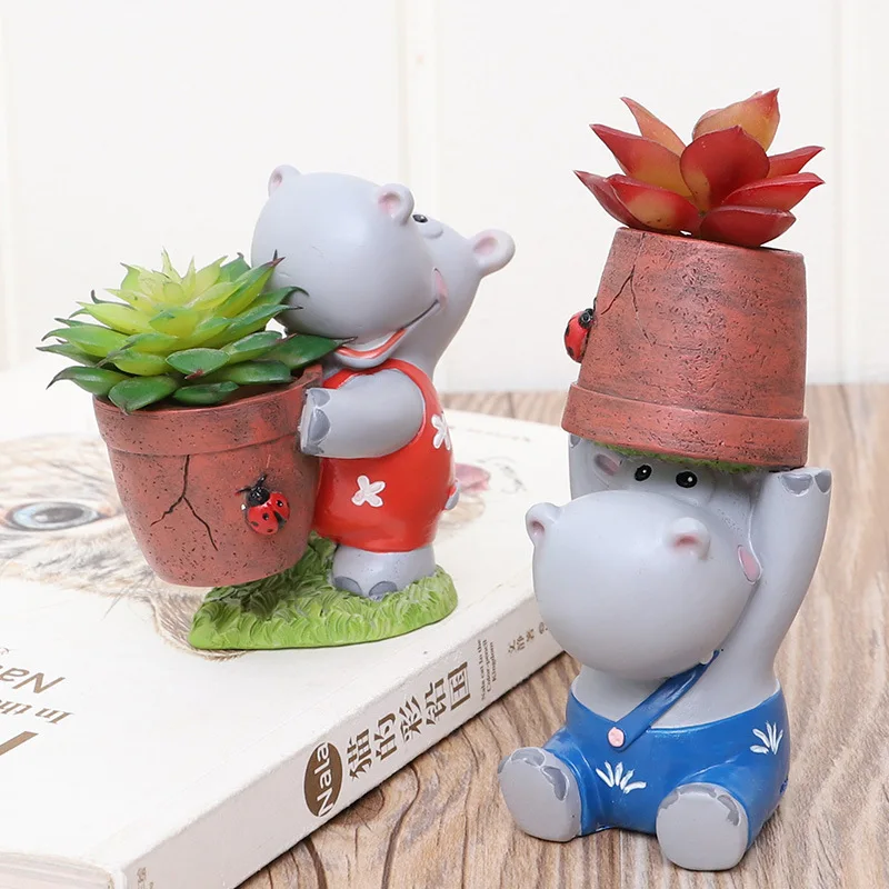 

Mini Flower Pots Resin Cartoon Mr & Mrs Hippo Succulents Planter Container Flower Pot Home Desktop Ornament Decor