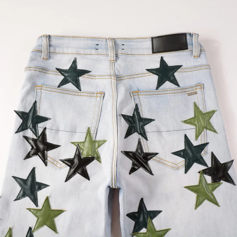 Y2k Ripped Jeans for Men Blue Distressed Skinny Stretch Leather Pentagram Appliques Baggy Denim Pants Streetwear Dropshipping