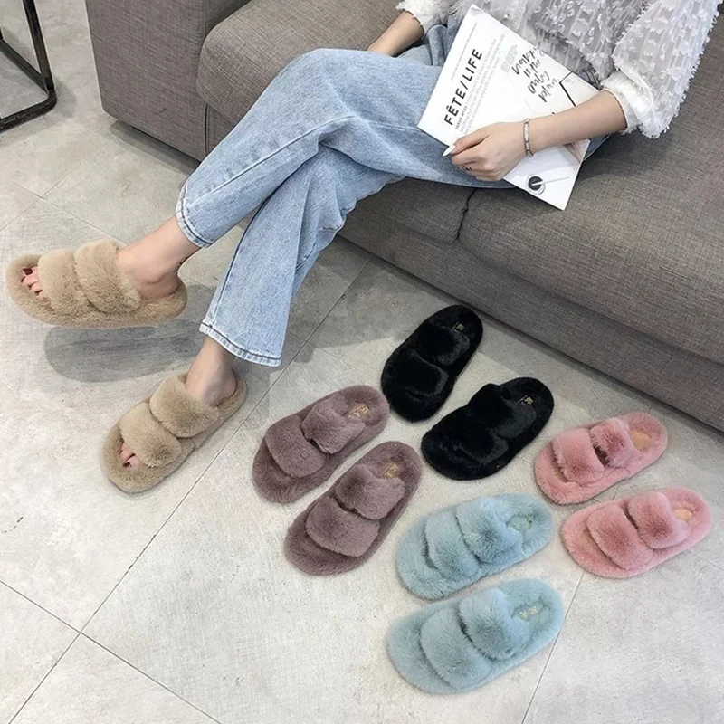 Autumn and Winter New Warm Plush Slippers Female Cute Candy Color Furry Open-toed Drag Outer Wear Fashionable Cotton Slippers