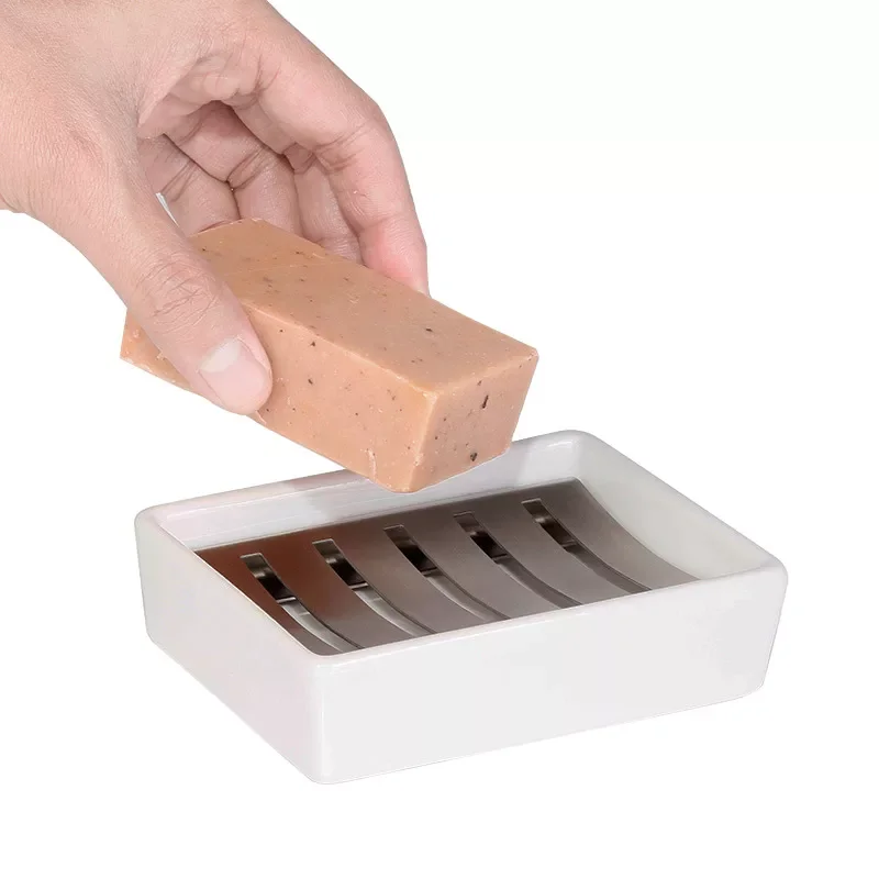 

2022 новая керамическая мыльница из нержавеющей стали, двухслойный держатель для мыла для душа, поднос для мыла для ванной комнаты, белые губк...