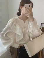 blouse korean chic design sense temperament ruffle pleated shirt women spring autumn new super fairy bubble sleeve top