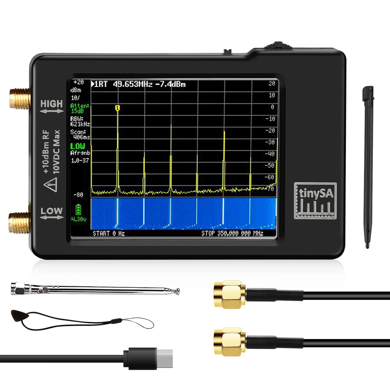 

Улучшенный анализатор спектра Tinysa MF/HF/VHF UHF вход для 0,1-350 МГц и вход UHF для генератора сигналов 240-960 МГц