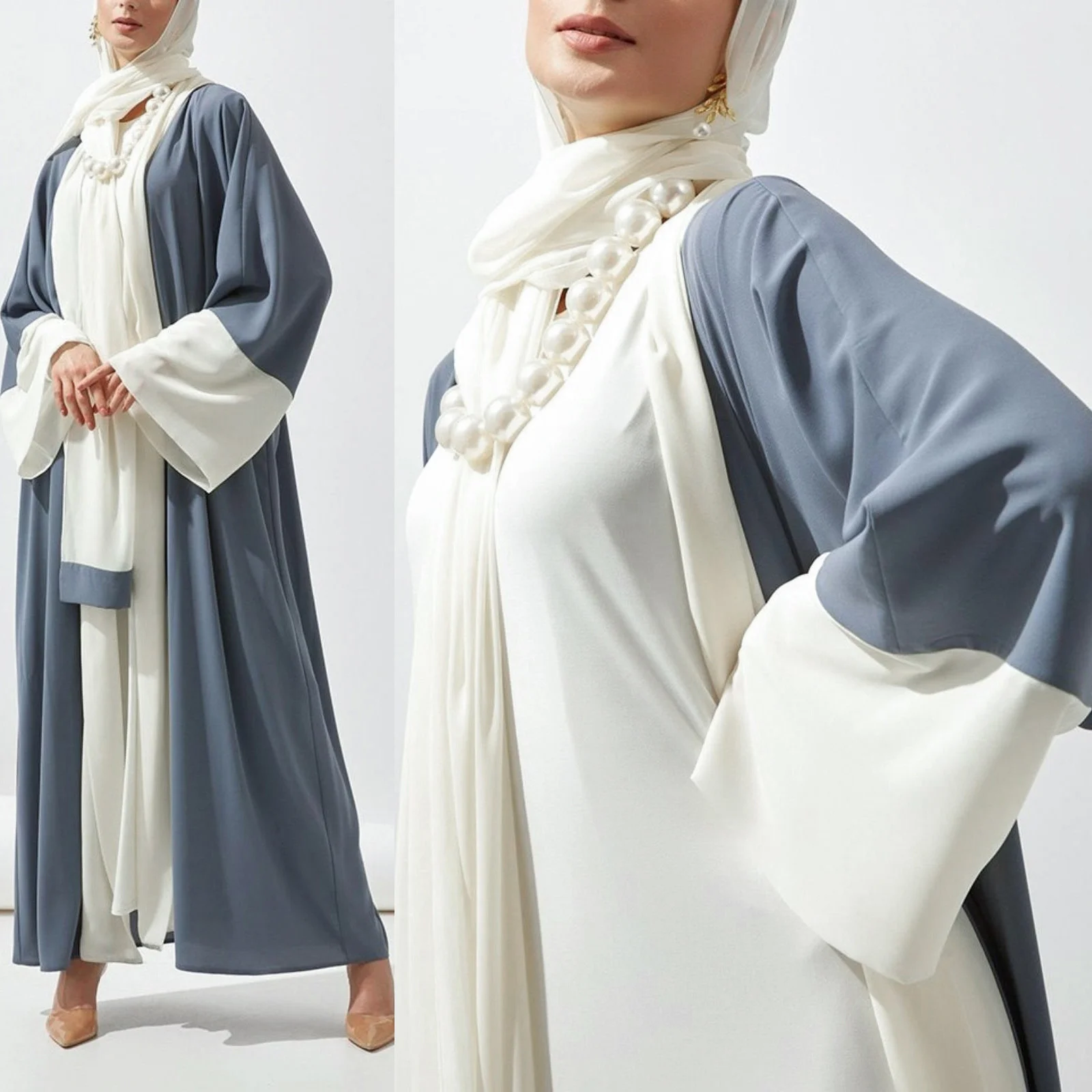 Fashion Opened Muslim Dresses Abaya For Women With Hajib Elegant Patchwork Cardigan Flare Sleeve Dubai Türkiye Islamic Clothing