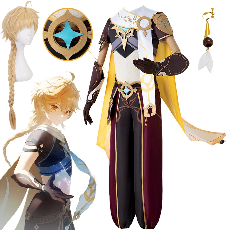 

Game Genshin Impact Cosplay Traveler Aether Costume Uniform Outfit Wig Halloween Party for Men Women Role Play