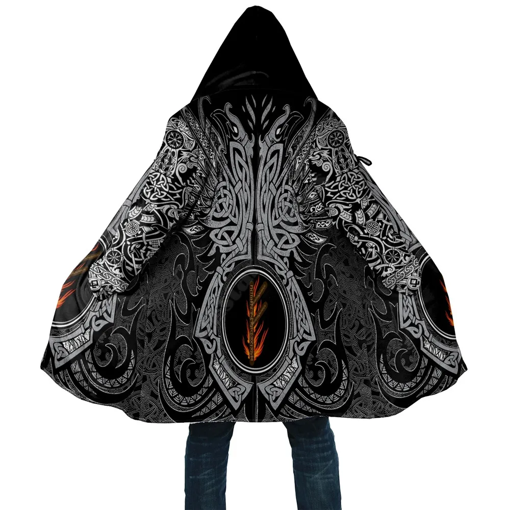 

New Viking style cape flying fox rune crow tattoo 3D printing hoodie Men's and women's winter wool windbreaker warm hoodie