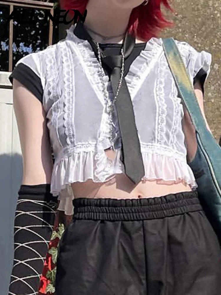 

ALLNeon E-girl Grunge Streetwear Lace Trim Ruffles Bandage Crop Tops Y2K Aesthetics Turtleneck Short Sleeve White T-shirts Retro