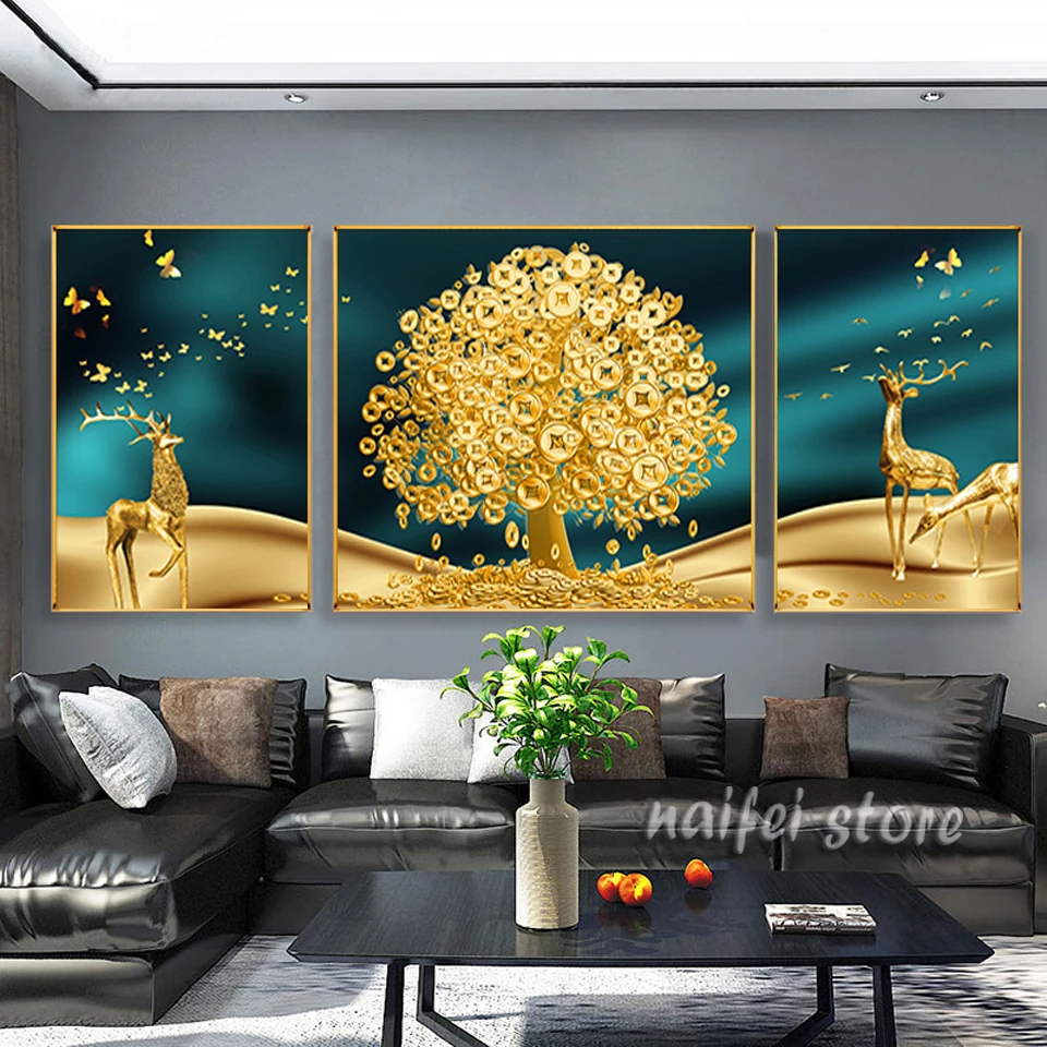 

5d Diamond Painting Full Drill Money Tree 2022 New Living Room Fortune Elk Triptych Landscape Diamond Mosaic Cross Stitch Kits