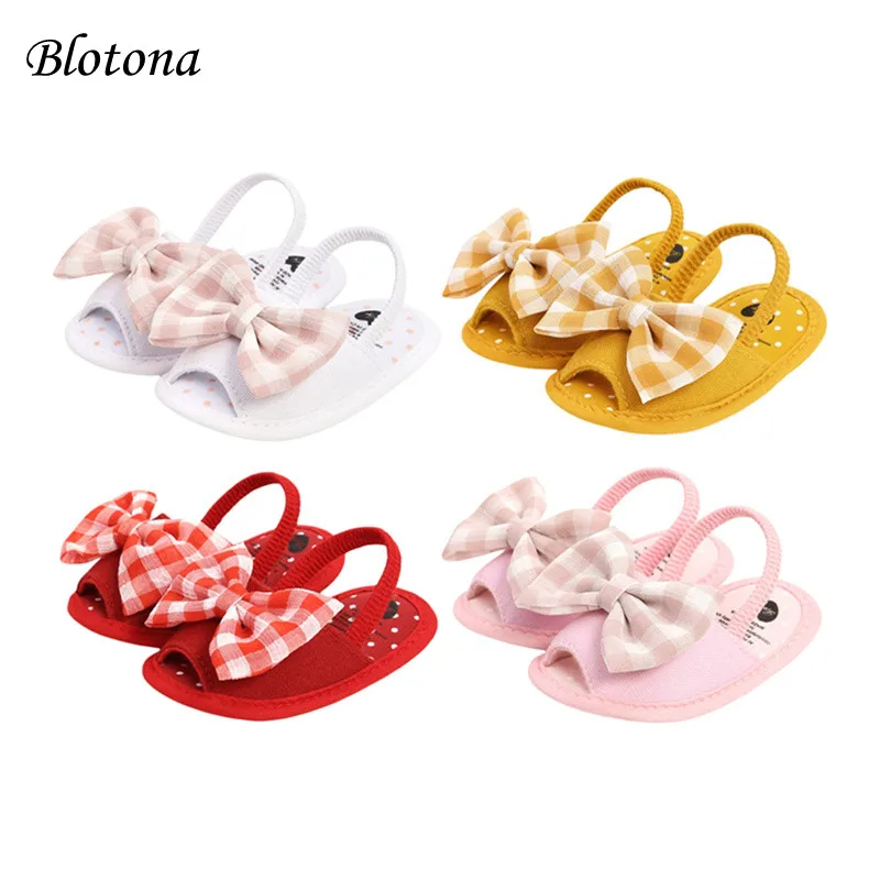 

Blotona Baby Girls Summer Sandals, Plaid Bowknot Open-Toe Elastic Sandals with Nonslip Soles for Toddlers, 0-18 Months