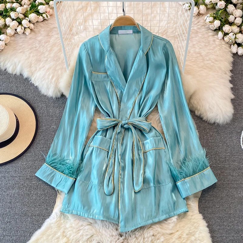

Clothland Fashion Aqua Mini Dress V Neck Bow Tie Sashes Feather Tassels Pajamas Style Chic Women Long Tops Mujer QA866