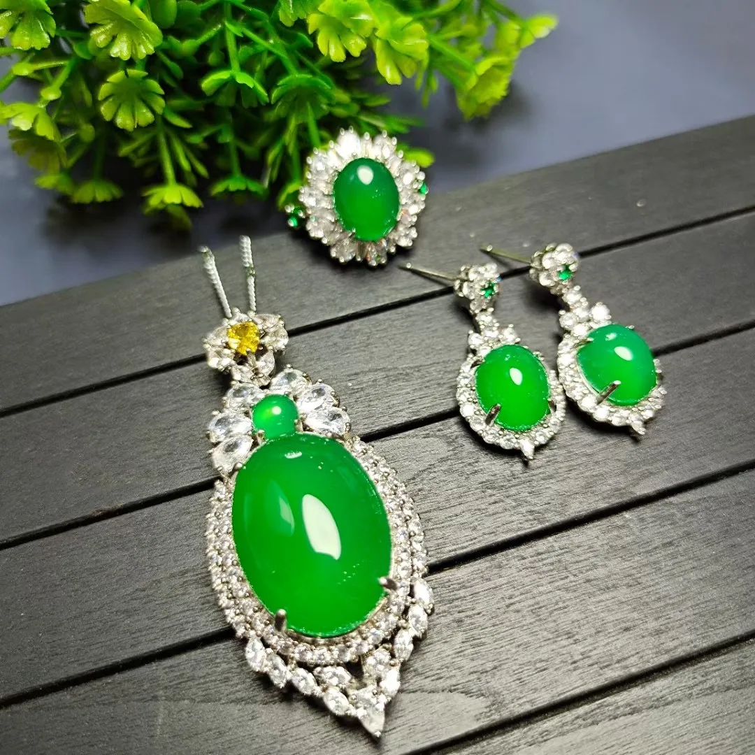 Natural Green Jade Earrings Ring And Pendant Necklace Jewelry Set Women Genuine Chrysoprase Certified Jades Stone Jewellery