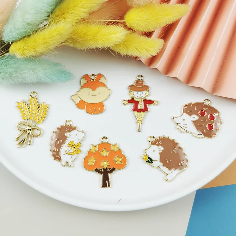 

ApeUr 10pcs Wheat Hedgehog Fox Scarecrow Enamel Metal Charm For Jewelry Making Eearring Necklace Finding