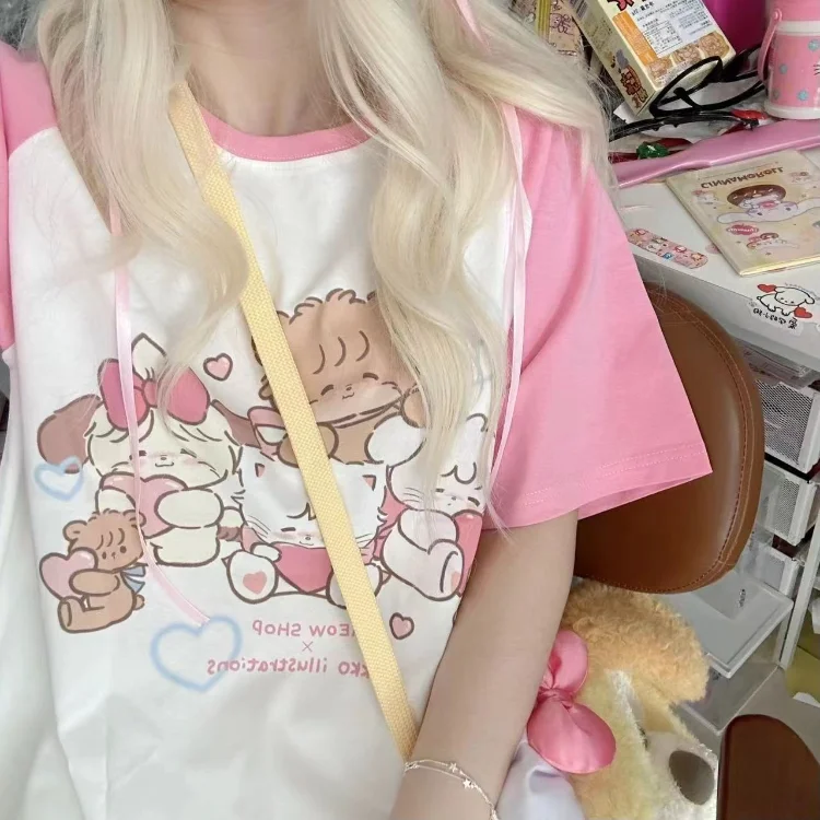 

Japanese Kawaii O-neck Cartoon Print Tee Shirt Summer Sweet Short Sleeve T-shirt E-Girl Y2k Aesthetics Loose White Tops Women