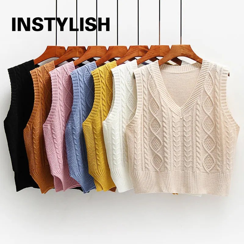 

Women Elegant V Neck Knitted Waistcoat Korean Harajuku Loose Sleeveless Sweater Vest Vintage Tank Top Female Knitwear Coat 2022