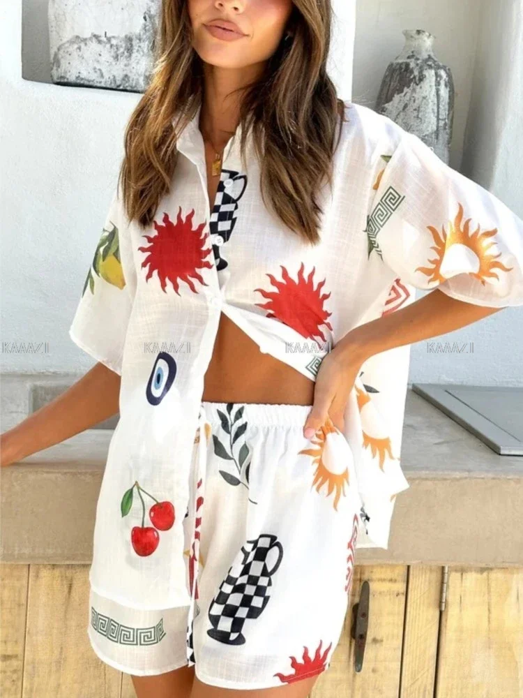 Модная повседневная рубашка с коротким рукавом принтом блузка женские топы