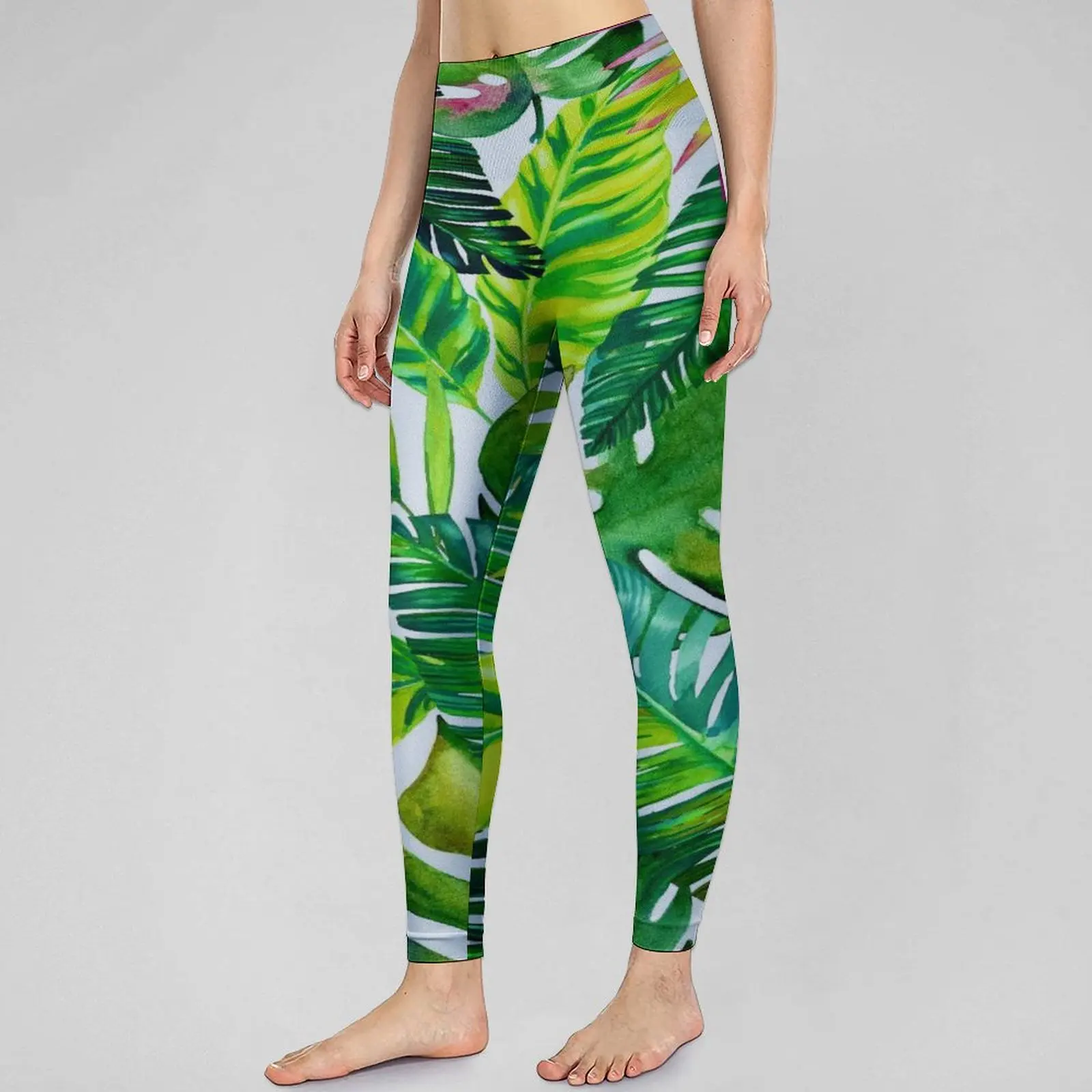 Бесшовные леггинсы с зелеными пальмовыми листьями Леггинсы для йоги эффектом