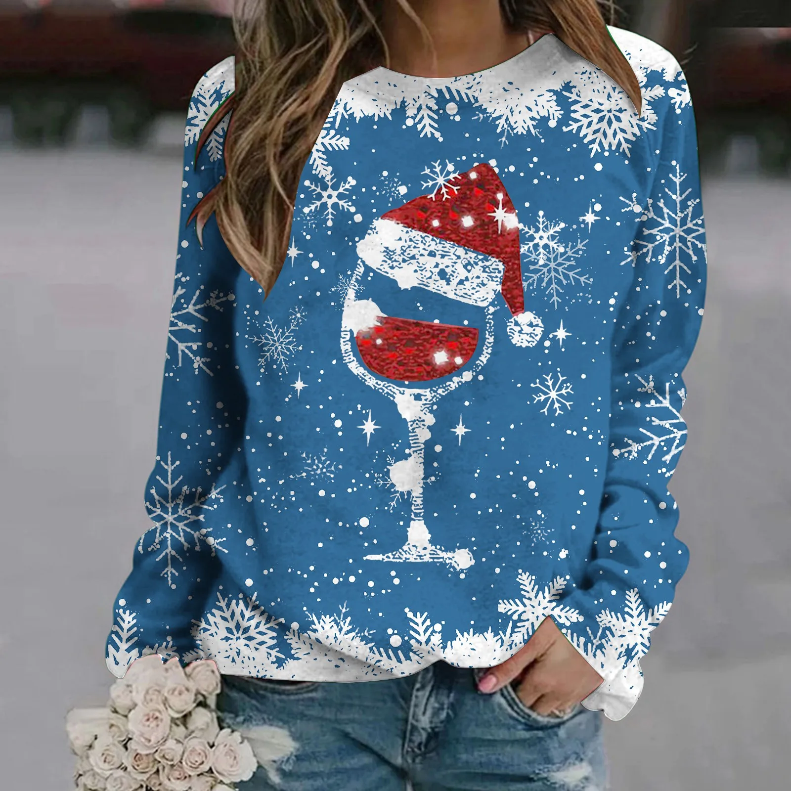 

Womens Autumn And Winter Fashion Christmas Wine Cup Print Long Sleeve Round Neck Casual Hatless streetwear 90s Workout vintage