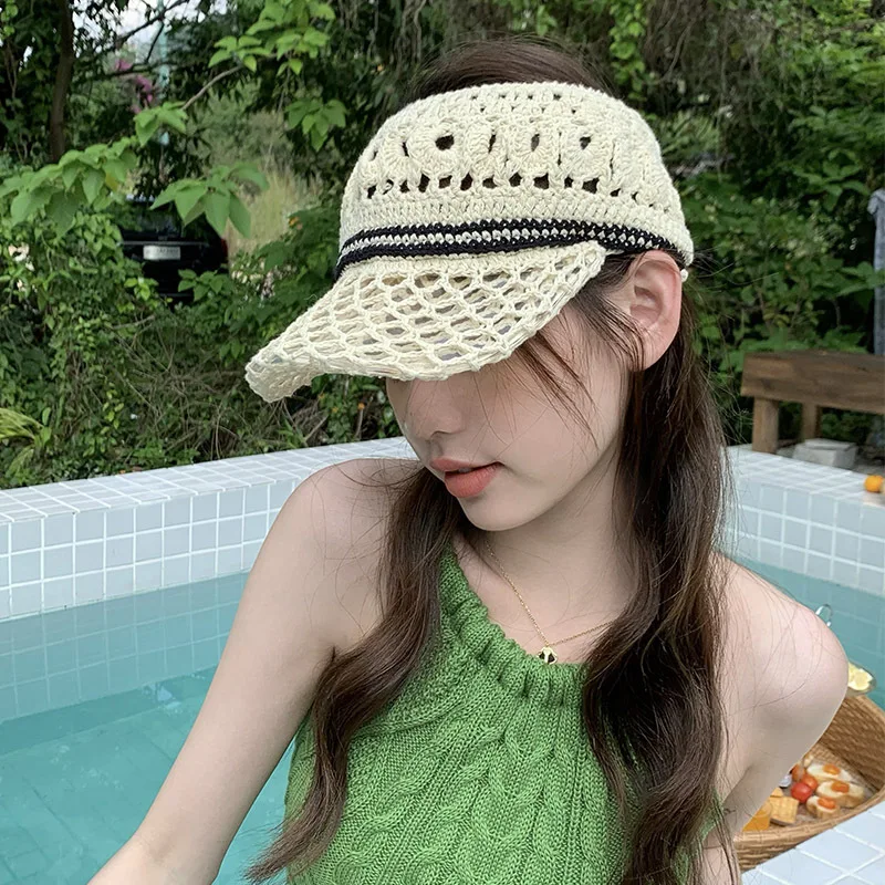 

Korean Hand-woven Cotton Hollow Empty Top Hat Spring and Summer Casual Sun Hats Outdoor Sunscreen Breathable Women's Caps