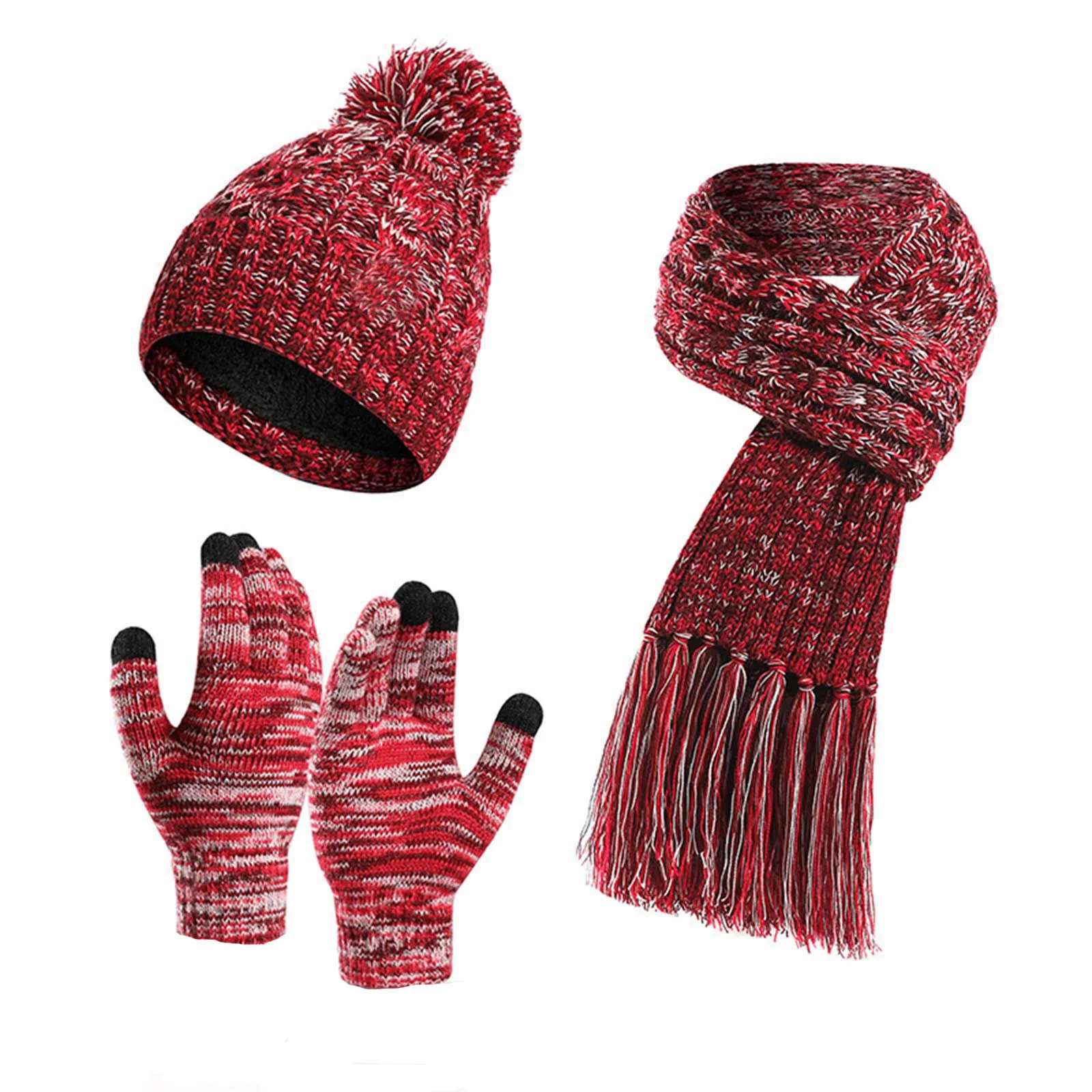 

Autumn Winter Three-piece Hats Scarf Gloves Set Women's Hat Soft Men's Scarf Knitted Beanie Cap Warm Mitten Plush Woolen PomPon