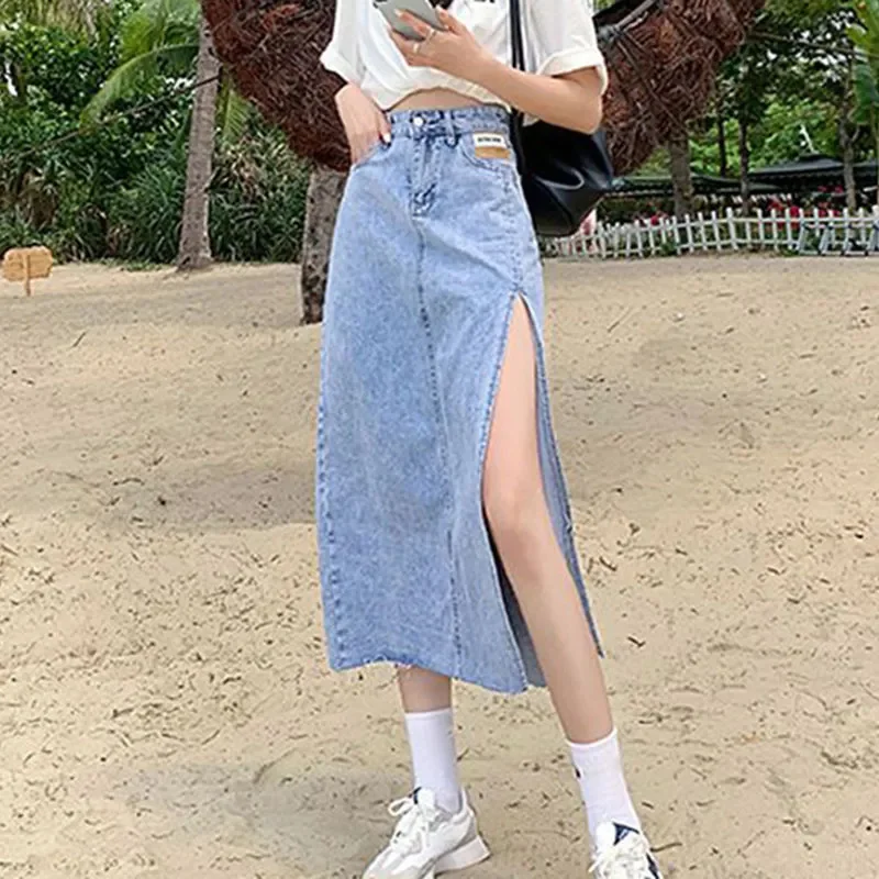 

Женская джинсовая юбка средней длины, винтажная юбка с Боковым Разрезом и завышенной талией, трапециевидная юбка в Корейском стиле, лето 2023