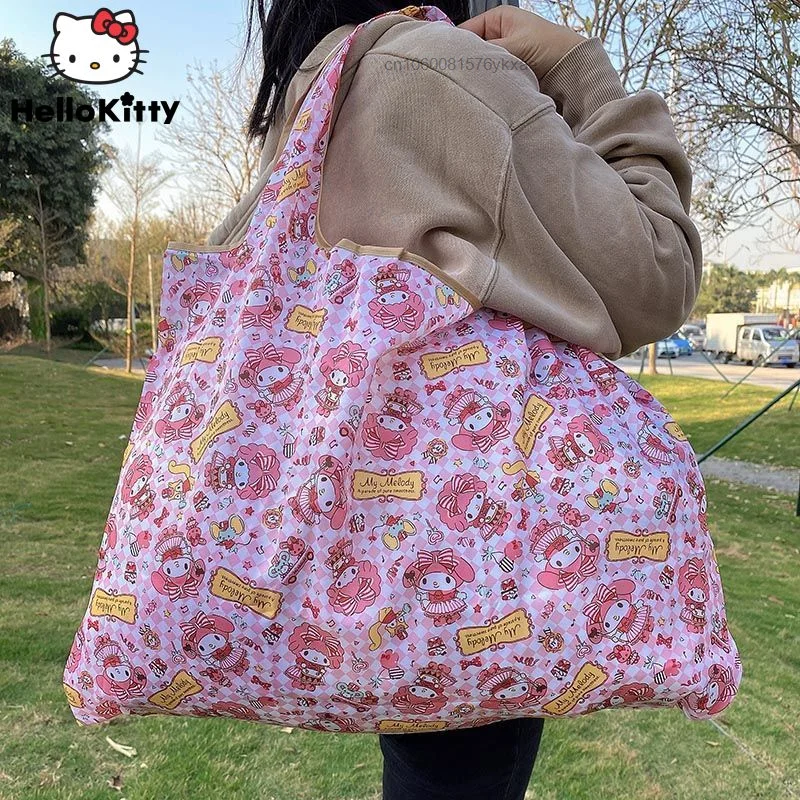 

Sanrio My Melody Hello Kitty Grocery Shopping Bag Y2k Large Reusable Eco Tote Women Foldable Washable Pocket Shoulder Bag Female