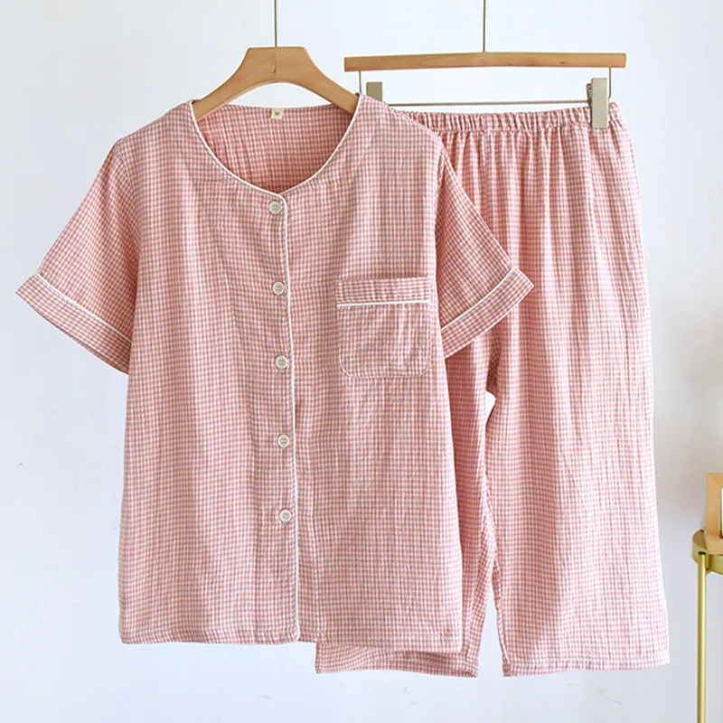 Fashion Plaid Pyjamas Femme Summer Short Sleeve Capris Pant Suit Double Layer Cotton Home Wear Clothes Women's Pajamas Set