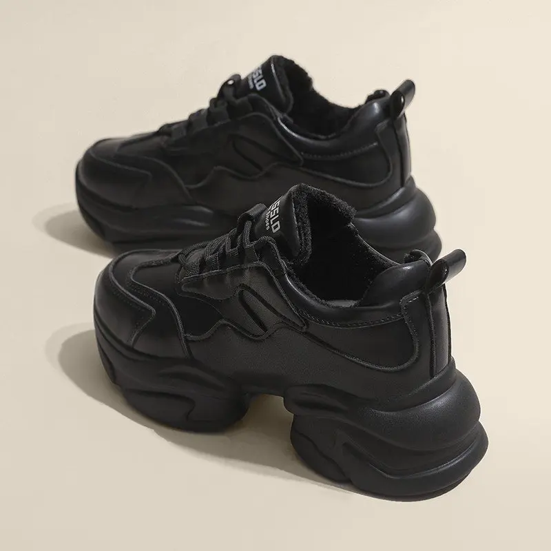 2023 Genuine Leather Autumn and winter cashmere Casual Women's Shoes Fashionable All-Match Comfortable Platform Lace-up Sneakers