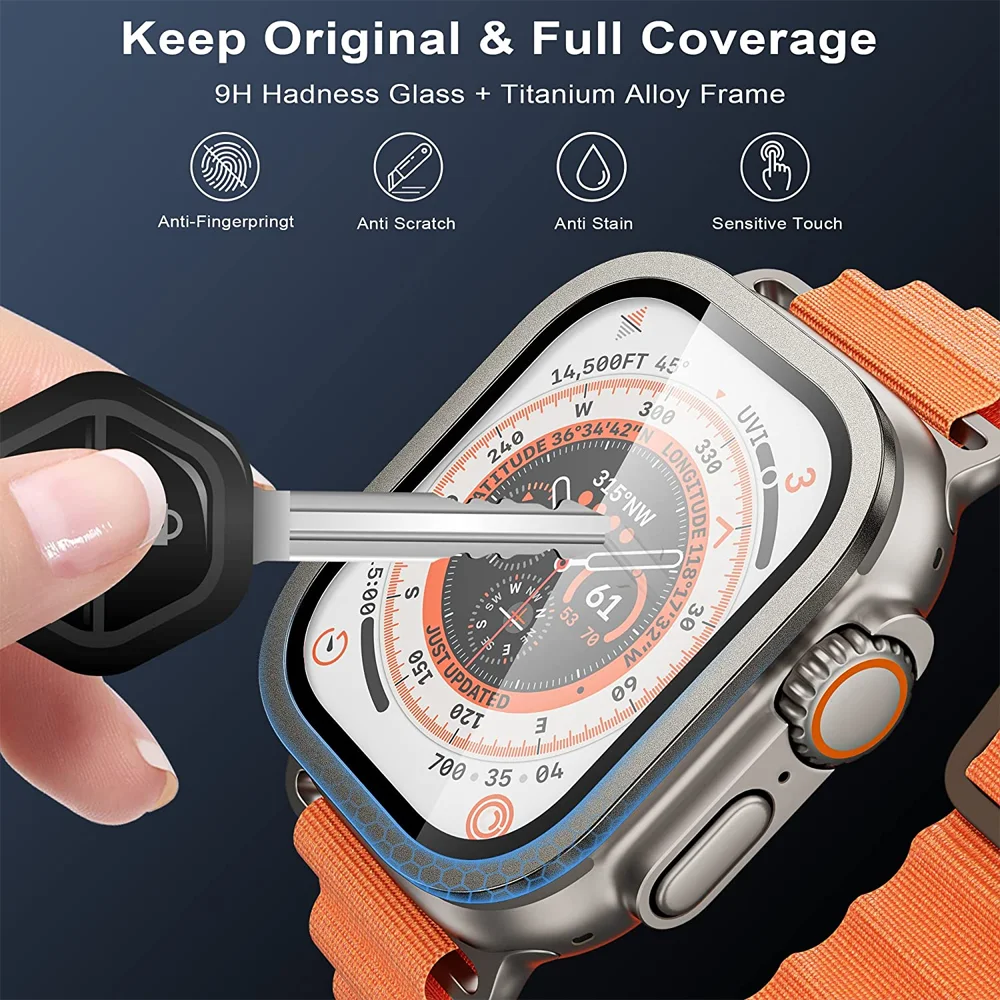 3D Screen Protector for Apple Watch Ultra 49mm accessories Metal Aluminum Alloy Frame Full Cover + HD Tempered Glass iWatch case