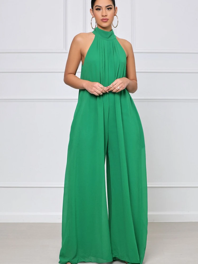 2022 Summer New Ladies Sleeveless Solid Color Chiffon Loose Fashion Women's Sexy Jumpsuit Birthday Party Dresses  Office Lady