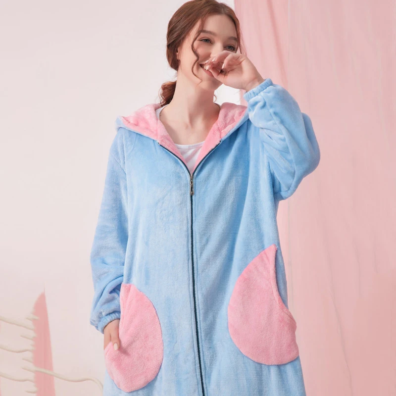 New Flannel Robe Women Coral Fleece Hoody Warm Thicken Thermal Bathrobe Cute Pocket Long Gown Sleepwear Winter Homewear Bathrobe