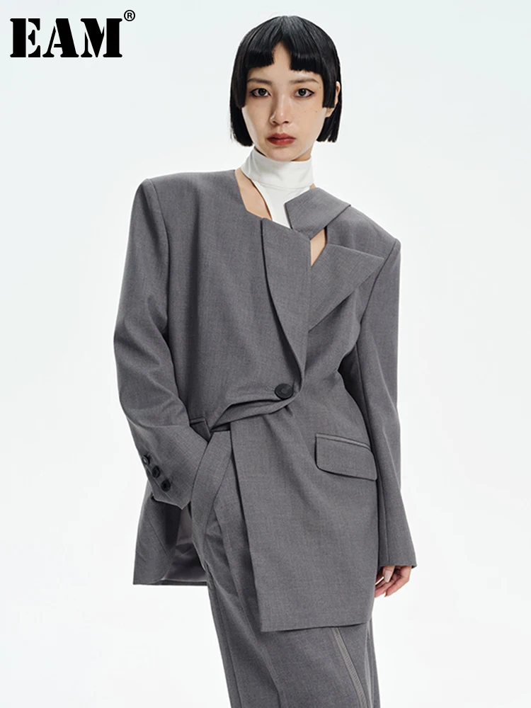 

[EAM] Women Gray Irregular Cut-out Big Size Blazer New Long Sleeve Loose Fit Jacket Fashion Tide Spring Autumn 2023 1DF0760