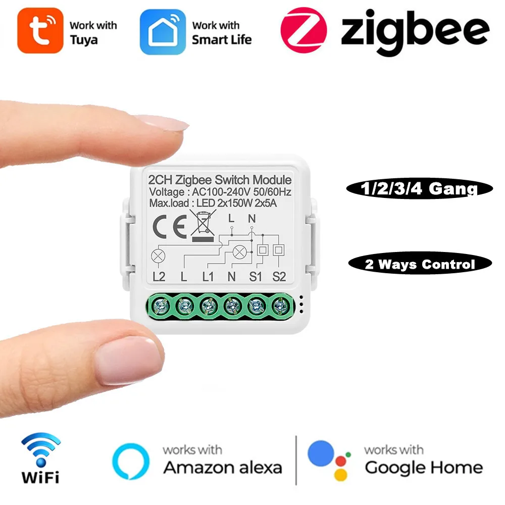 

Zigbee Tuya Smart Light Switch Module,1/2/3/4 Gang Automation DIY Breaker 2 Ways Control Work with Alexa Google Home