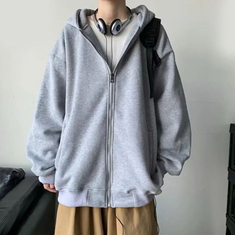 

Chic Men Coat Solid Color Pockets Autumn Coat Pure Color Elastic Cuff Men Coat for Home Winter Hoodie