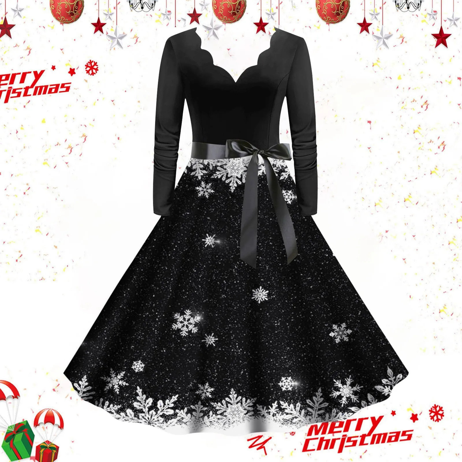 

Womens Dresses Elegant Pretty Christmas Snowflake Print Long Sleeve Retro Vintage 50s 60s Rockabilly Party Dresses Prom Vestidos