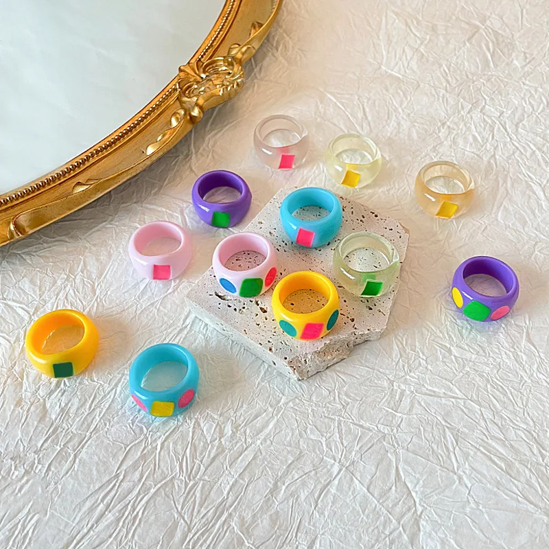 

Mixed Sets Rings Colourful Transparent Resin Acrylic Geometric Square Round Rings Set Girls Women INS Jewelry