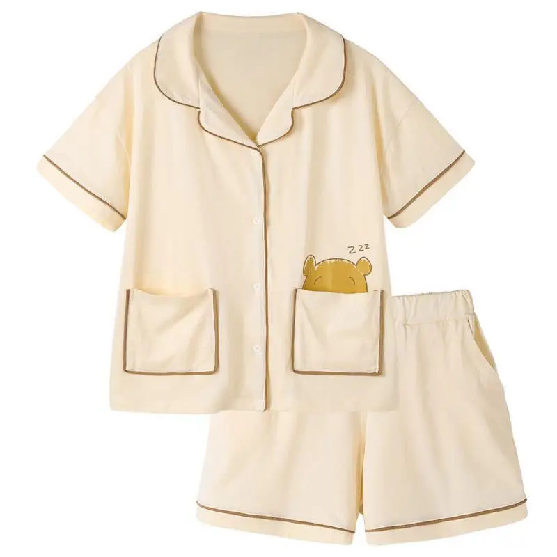 QWEEK Cotton Cute Pajamas Summer Sets for Women 2021 Pyjamas Sleeping Bear Printing Lounge Wear Soft and Comfortable Pijamas