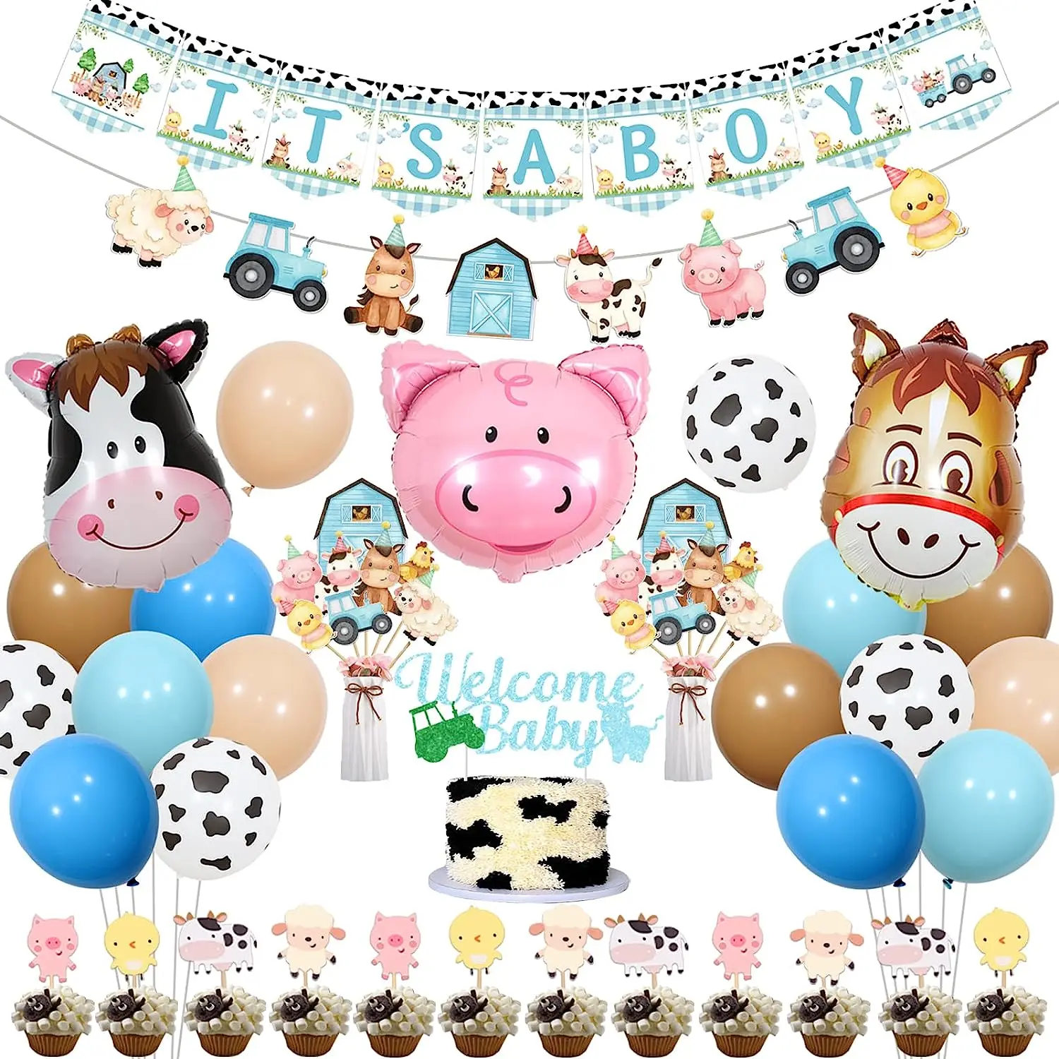 

Farm Animal Baby Shower Decorations It’s Boy Banner Garland Cake Toppers Baby Blue Balloons for Barnyard Gender Reveal Supplies