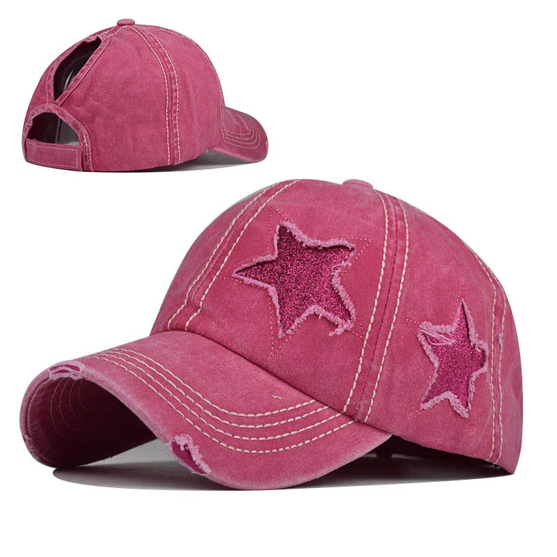 

Distressed Summer Cap for Woman Ponytail Baseball Cap for Girl Vintage Snapback Hat Shiny Star Glitter High Ponytail Hat