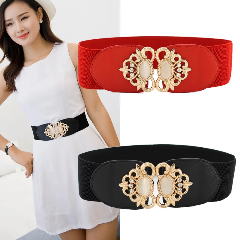 

65cm Women's All-match Girdle Elastic Belt Fashion Girdle Ladies Double Opal Inlaid Skirt Decoration Red White Black Cummerbunds