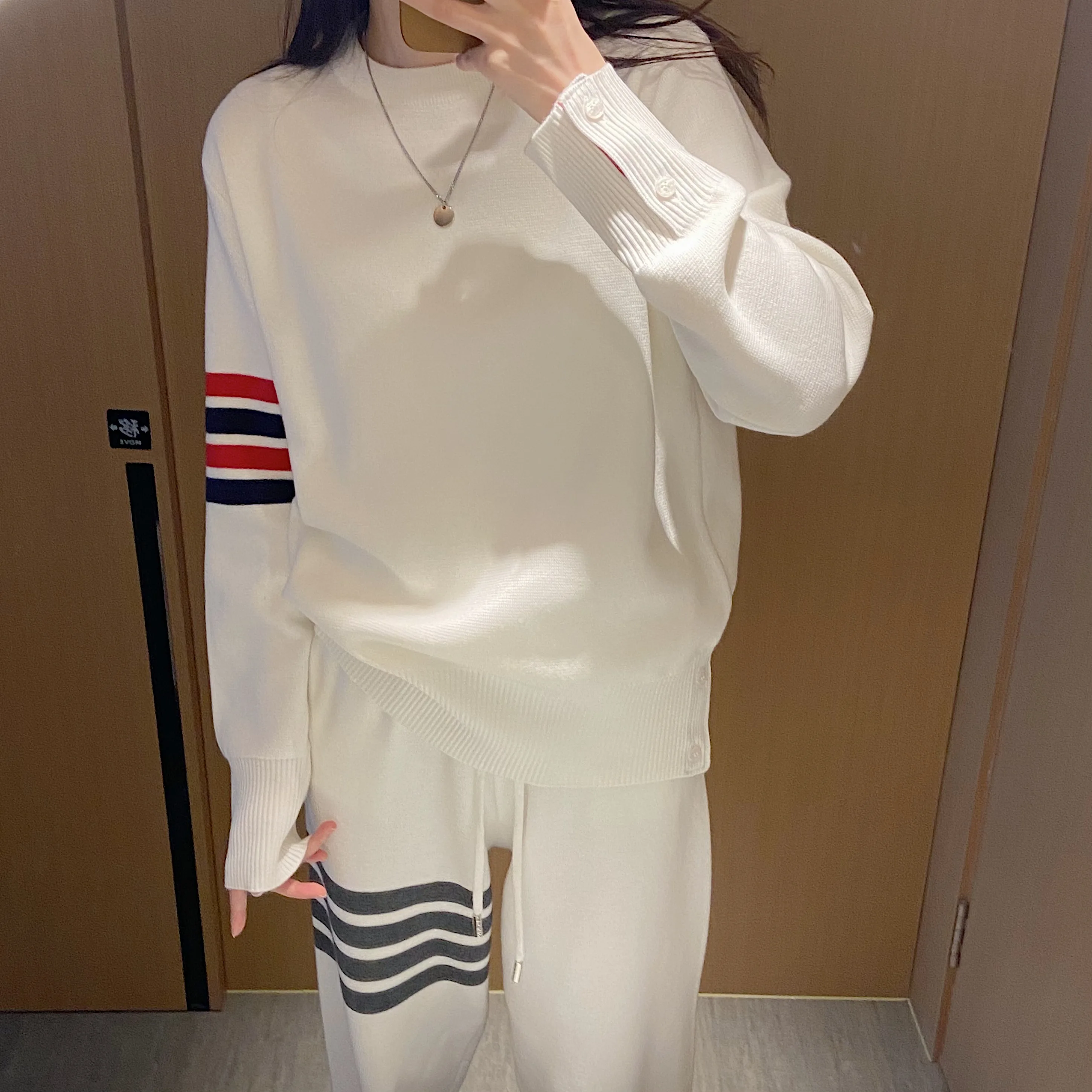 White Tb Korean Style Colorful Four Bar Round Neck Wool Sweater Loose Skinny Long Sleeve Pullover Top