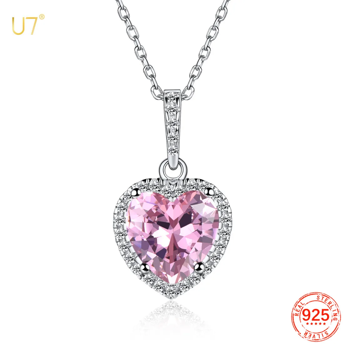 

U7 925 Sterling Silver Birthstone Necklace Heart Shape Cubic Zircon Pendant Simple Clavicle Chain Birthday Gift for Her
