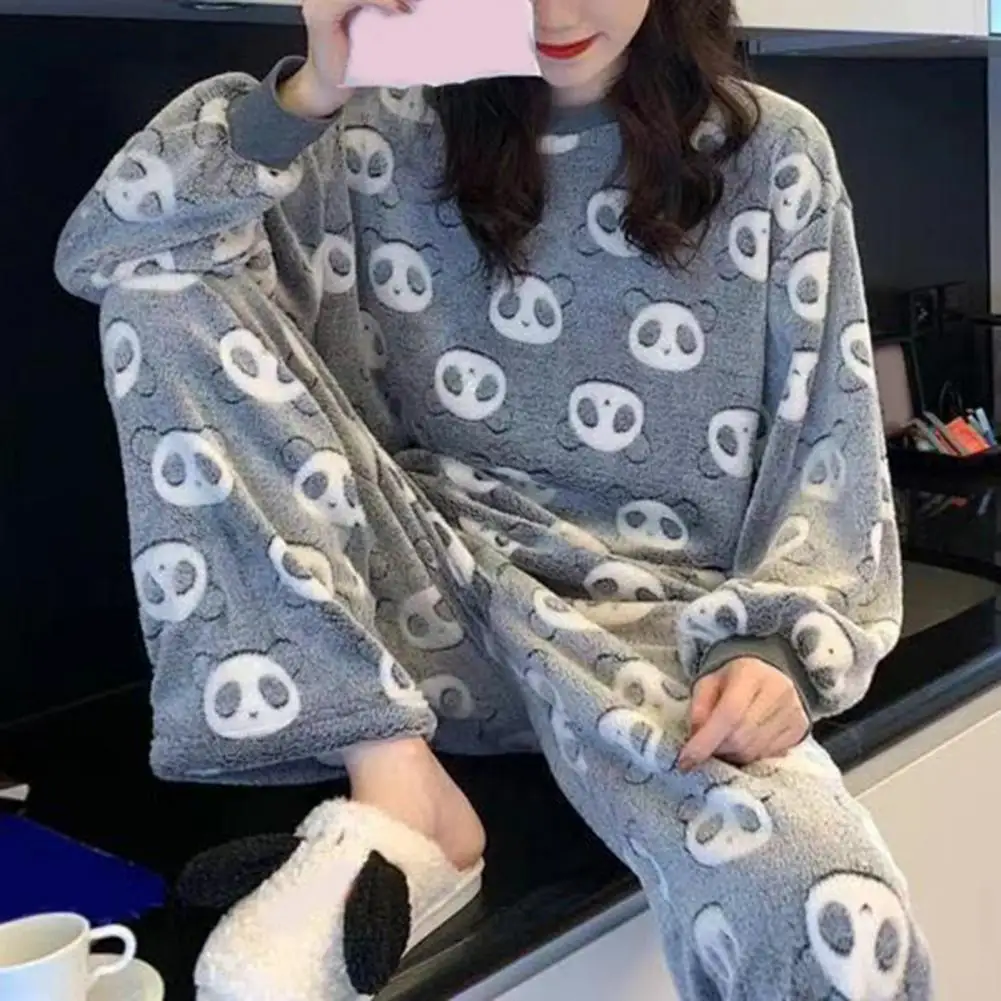 

1 Set Trendy Women Sleepwear Set Lovely Ladies Homewear Striped Coldproof Cartoon Wram Pajama Set