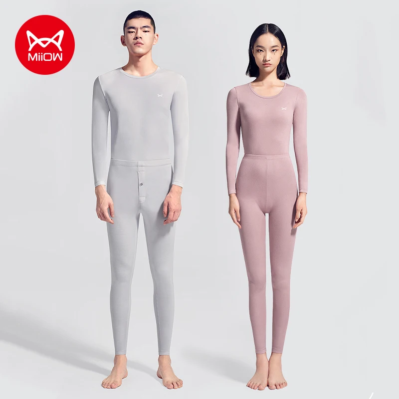 MiiOW Thermal Underwear Set Women & Men Winter Warm Shirt Round Neck Tracksuit Fleece Couple Solid Antibacterial Ladies Clothes