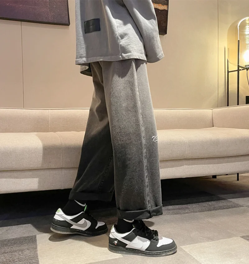 DEEPTOWN Y2K Black Jeans Men Blue Straight Denim Pants Loose Streetwear Hip Hop Casual Trousers Male Japanese Harajuku Spring