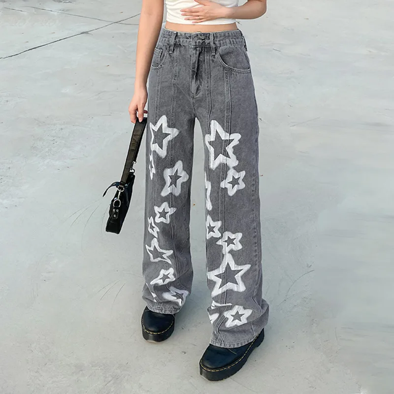 

90s Vintage Low Rise Jeans Star Print Stitching Straight Denim Pants Women y2k Streetwear Casual Trousers Harajuku Hip Hop Pants