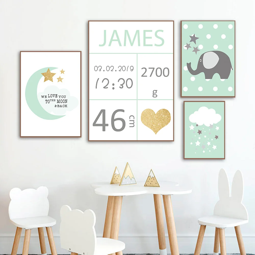 Nordic пользовательское имя плакат для детской Wall Art принты с облаками Луной и холст