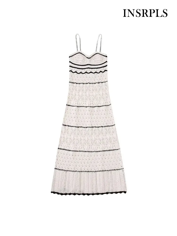 

INSRPLS Women Fashion Patchwork Pointelle Knit Midi Dress Sexy Backless Thin Straps Female Dresses Vestidos Mujer