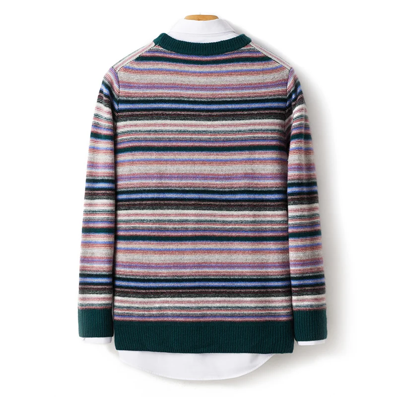 Cashmere Sweater Autumn and Winter New Men's Round Neck Pullover 100%Wool Fashion Vintage Stripe Knit Tops