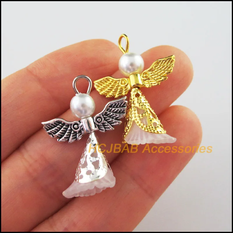 

15 New Angel Charms Retro Gold Tibetan Silver Tone White Acrylic Pendants 21x28mm