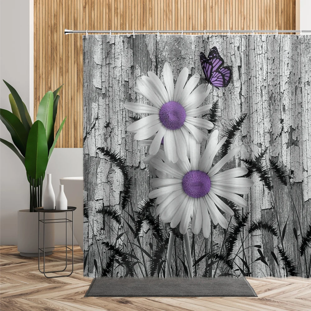 

Занавеска для душа в виде бабочки, деревянная Водонепроницаемая штора серого цвета с белыми цветами, Фиолетовыми бабочками, аксессуары для ...